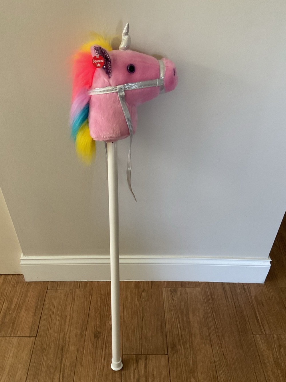 Plush Pink Unicorn Hobby Horse Stick Toy with Rainbow Mane